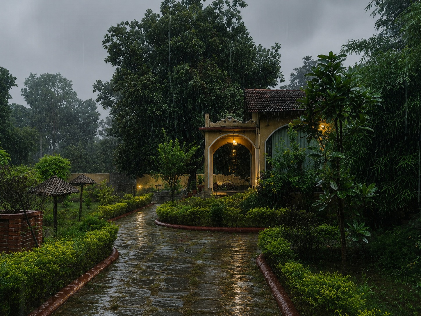 Mahua Tiger Resort Kanha garden during rain